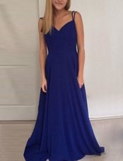 Superior Scoop Royal Blue Backless Evening Dress Ruching Sleeveless Brush Train