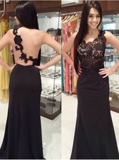 Cheap Mermaid Black Scoop Zipper Lace Prom Party Dress Brush Train Sleeveless