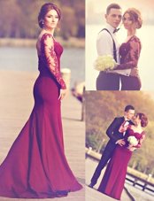 Mermaid Scoop Long Sleeves Evening Dress Brush Train Appliques Burgundy Elastic Woven Satin