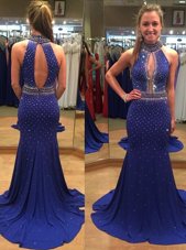Mermaid Royal Blue Chiffon Backless High-neck Sleeveless With Train Prom Party Dress Court Train Sequins