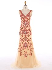 Beauteous Mermaid V-neck Sleeveless Chiffon Homecoming Dress Beading and Embroidery Sweep Train Zipper