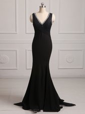 Black Mermaid Chiffon V-neck Sleeveless Beading With Train Backless Homecoming Dress Brush Train