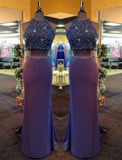 Purple High-neck Neckline Beading Sleeveless Criss Cross