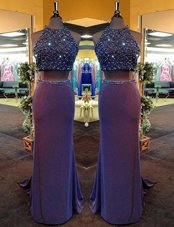 Purple High-neck Neckline Beading Sleeveless Criss Cross