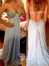 Customized Light Blue Backless Sweetheart Beading Prom Gown Chiffon Sleeveless Brush Train