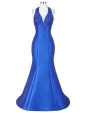 Most Popular Mermaid Halter Top Sleeveless Floor Length Beading Lace Up with Royal Blue