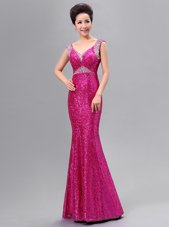 Glorious Mermaid Sequins Prom Party Dress Fuchsia Zipper Sleeveless Floor Length