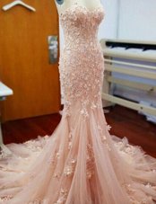Nice Mermaid With Train Zipper Pageant Dress for Girls Baby Pink and In for Prom and Party with Appliques Chapel Train