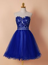 Royal Blue Zipper Party Dress for Girls Beading and Appliques Sleeveless Knee Length