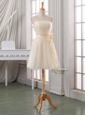 Strapless Sleeveless Casual Dresses Knee Length Belt and Hand Made Flower White and Champagne Tulle