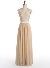 Floor Length Champagne Chiffon Cap Sleeves Lace