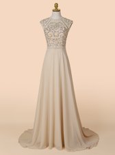 Scoop Champagne Backless Beading Sleeveless With Brush Train