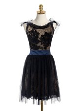 Scoop Mini Length Backless Prom Evening Gown Black and In for Party with Lace and Belt