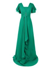 Graceful Green Short Sleeves Chiffon Sweep Train Zipper Prom Party Dress for Prom and Wedding Party