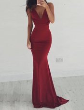 Mermaid Burgundy Elastic Woven Satin Backless V-neck Sleeveless Homecoming Dress Brush Train Ruching