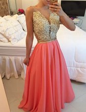 Watermelon Red V-neck Neckline Beading and Appliques Prom Gown Sleeveless Backless