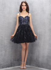 Glittering Black Tulle Lace Up Cocktail Dress Sleeveless Mini Length Sequins