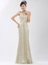 Beauteous Sequins Floor Length Champagne Evening Dress One Shoulder Sleeveless Zipper