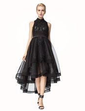 A-line Womens Party Dresses Black High-neck Tulle Sleeveless Asymmetrical Zipper