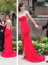 Elegant Coral Red Chiffon Backless Prom Gown Cap Sleeves Court Train Beading
