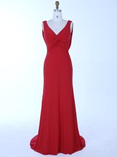 Mermaid V-neck Sleeveless Brush Train Zipper Homecoming Dress Red Chiffon