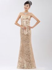 High End Champagne Column/Sheath Strapless Sleeveless Sequined Floor Length Zipper Appliques and Belt