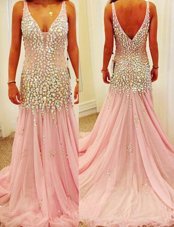 Mermaid Tulle Sleeveless Evening Dresses Court Train and Beading