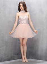 Baby Pink Party Dress Wholesale Prom and Party and For with Beading and Sequins High-neck Sleeveless Zipper