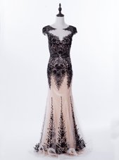 Cheap Mermaid Scoop Black Tulle Backless Prom Party Dress Cap Sleeves Brush Train Appliques