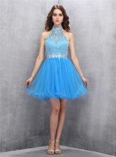 Fashion Sleeveless Tulle Mini Length Zipper Cocktail Dresses in Blue for with Beading