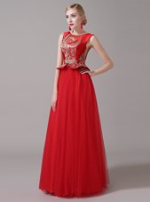 Suitable Scoop Sleeveless Tulle Floor Length Zipper Homecoming Dress in Red for with Appliques