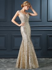 Champagne Mermaid V-neck Sleeveless Sequined Floor Length Zipper Sequins Evening Dress