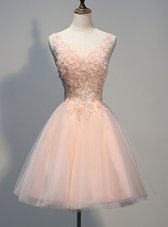 Peach Sleeveless Beading and Appliques Knee Length Party Dresses