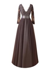 Customized Long Sleeves Floor Length Lace Zipper Prom Evening Gown with Brown