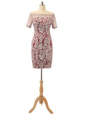Off the Shoulder White And Red Zipper Custom Made Lace Short Sleeves Mini Length