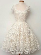 Glamorous Scoop Knee Length White Party Dress Lace Cap Sleeves Lace