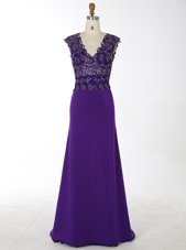 Popular Mermaid Chiffon V-neck Sleeveless Brush Train Zipper Beading Prom Dress in Purple