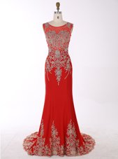 Mermaid Scoop Sleeveless Brush Train Zipper Prom Dress Red Chiffon