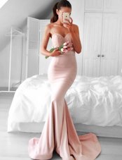 Romantic Mermaid Pink Formal Dresses Prom and Party and For with Lace and Sashes|ribbons Sweetheart Sleeveless Brush Train Zipper