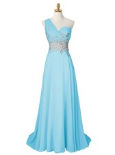 Dazzling One Shoulder Aqua Blue Sleeveless Chiffon Brush Train Side Zipper Prom Evening Gown for Prom and Party
