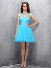 Luxurious Scoop Blue Sleeveless Mini Length Beading Zipper Cocktail Dresses