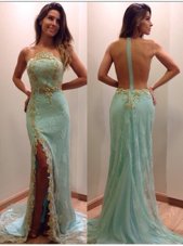 Modern Sequins Court Train Mermaid Dress for Prom Apple Green Strapless Tulle Sleeveless Zipper