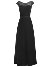 Fabulous Scoop Cap Sleeves Prom Party Dress Floor Length Appliques Black Chiffon