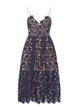 Customized Spaghetti Straps Sleeveless Party Dresses Tea Length Lace Navy Blue Lace