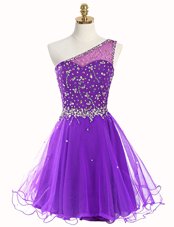 Glittering One Shoulder Mini Length Purple Cocktail Dresses Organza Sleeveless Beading
