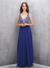 Decent Royal Blue V-neck Zipper Beading Prom Gown Sleeveless