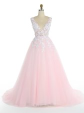 Traditional Pink A-line V-neck Sleeveless Tulle With Train Sweep Train Zipper Appliques Winning Pageant Gowns