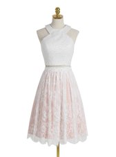 Lace Pink And White Halter Top Neckline Beading Juniors Party Dress Sleeveless Zipper