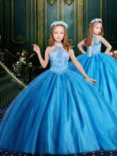 Halter Top Floor Length Lace Up Child Pageant Dress Aqua Blue and In for Party and Wedding Party with Beading and Sequins