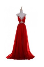 Sumptuous Red Chiffon Zipper Evening Dress Sleeveless Brush Train Beading and Belt